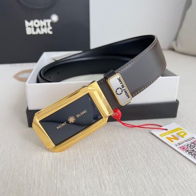 1:1  Montblanc Black Leather Belt with Gold  Logo Buckle Hanging Buckle 3.5cm