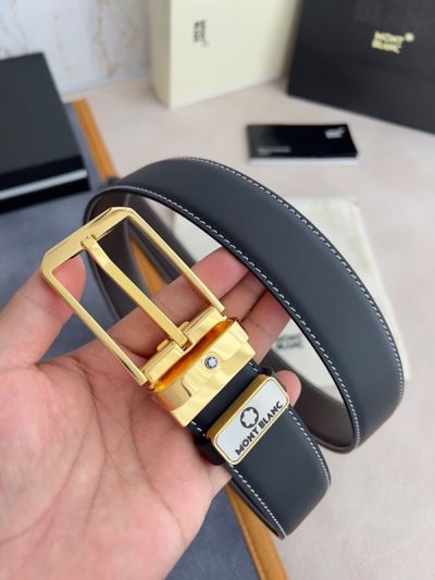 1:1  Montblanc Black Leather Belt with Gold Logo Buckle Needle Buckle 3.5cm